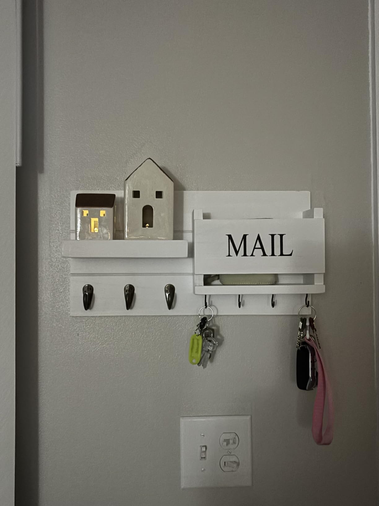 Lwenki Mail Organizer for Wall Mount – Key Holder with Shelf Includes Letter Holder and Hooks for Hallway Farmhouse Decor – Rustic Wood with Flush Mounting Hardware (16.5” x 9.1” x 3.4”) (Brown) customer photo 1