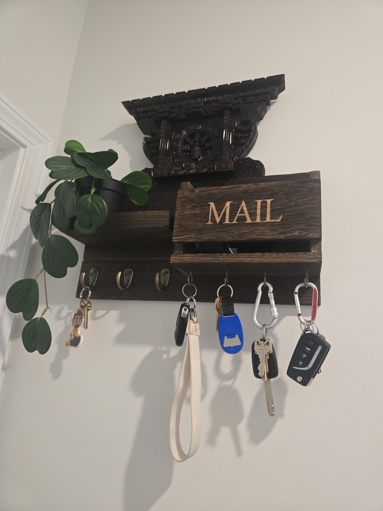 Lwenki Mail Organizer for Wall Mount – Key Holder with Shelf Includes Letter Holder and Hooks for Hallway Farmhouse Decor – Rustic Wood with Flush Mounting Hardware (16.5” x 9.1” x 3.4”) (Brown) customer photo 2