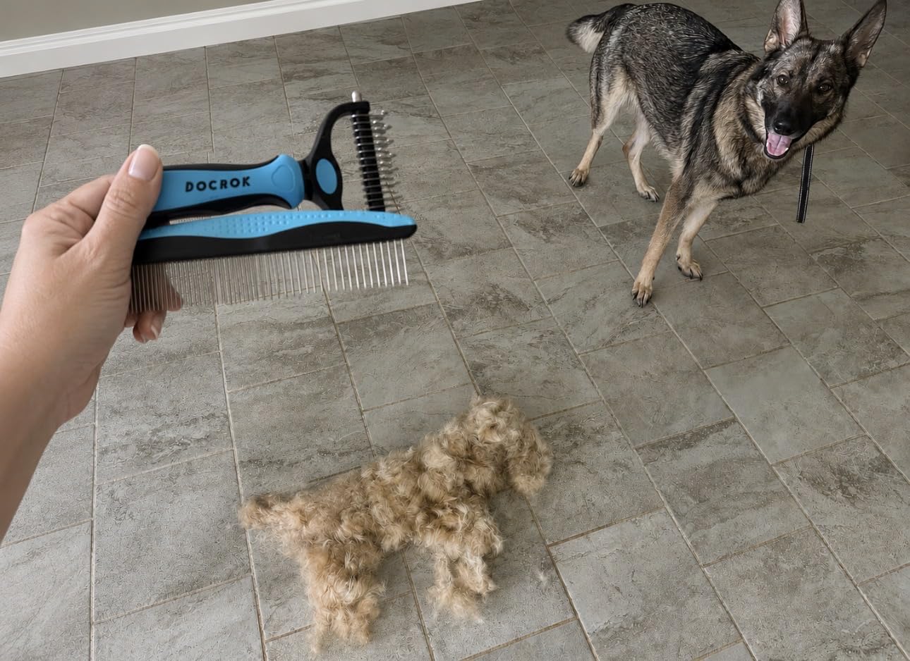 Docrok Pet Grooming Combo - Blue Deshedding Brush with Metal Comb for Detangling and Dematting Long, Matted Fur on Cats and Dogs customer photo 1