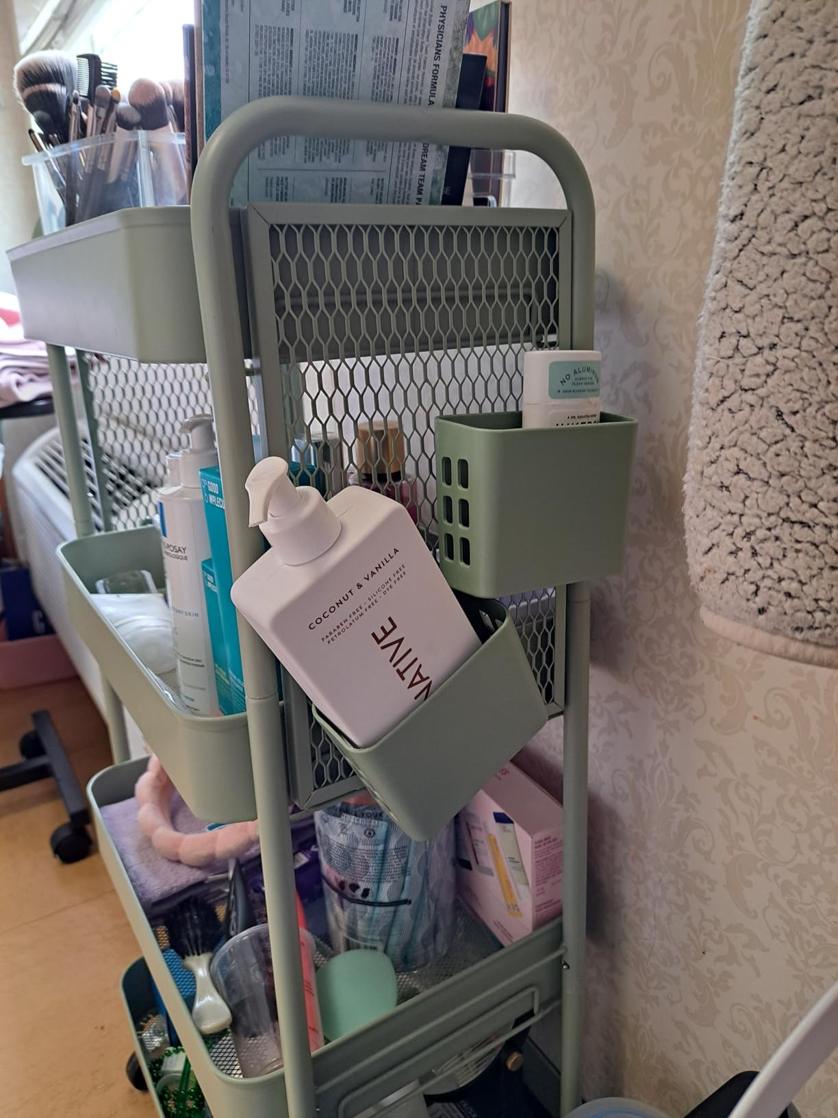 TOOLF 3 Tier Rolling Cart, Metal Utility Storage Cart with Pegboard, Green customer photo 2