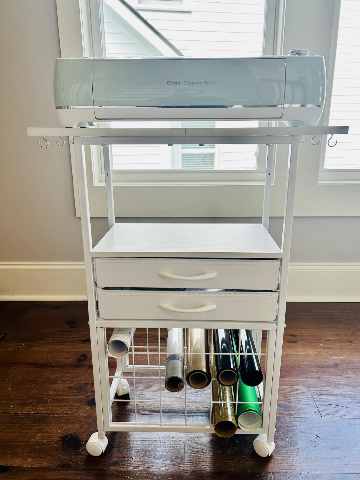 VENNQD Organizer and Storage Stand Compatible with Cricut Machines,Rolling Storage Cart/Shelf with 24 Vinyl Roll Holders，2 Fabric Drawer,Accessories Holder,Tool Hook for Craft Room Home (white) customer photo 1
