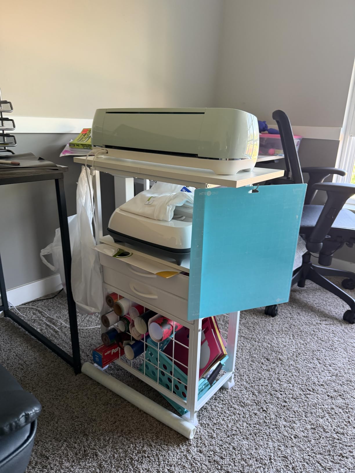 VENNQD Organizer and Storage Stand Compatible with Cricut Machines,Rolling Storage Cart/Shelf with 24 Vinyl Roll Holders，2 Fabric Drawer,Accessories Holder,Tool Hook for Craft Room Home (white) customer photo 2