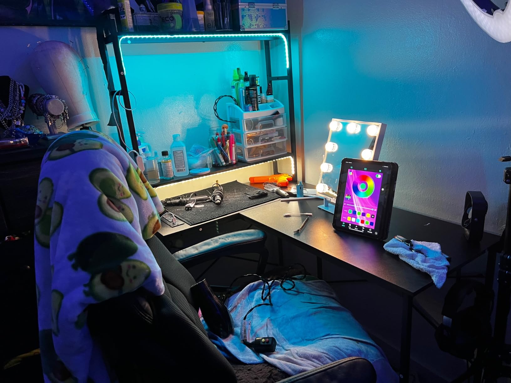 SEDETA L Shaped Gaming Desk, Reversible 45.3” Small Corner Desk with Power Outlet and LED Lights, Corner Gaming Desk with Storage Shelves, Hooks for Small Space, Black customer photo 1