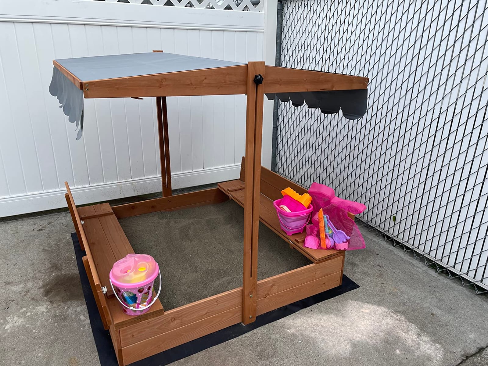 YOLENY Sandbox with Lid,Kids Sandbox with Cover Outdoor,Wooden Sand Box with 2 Foldable Bench Seats for Ages 2-8, Adjustable UV-Resistant Roof & Bottom Liner for Backyard,Beach customer photo 2