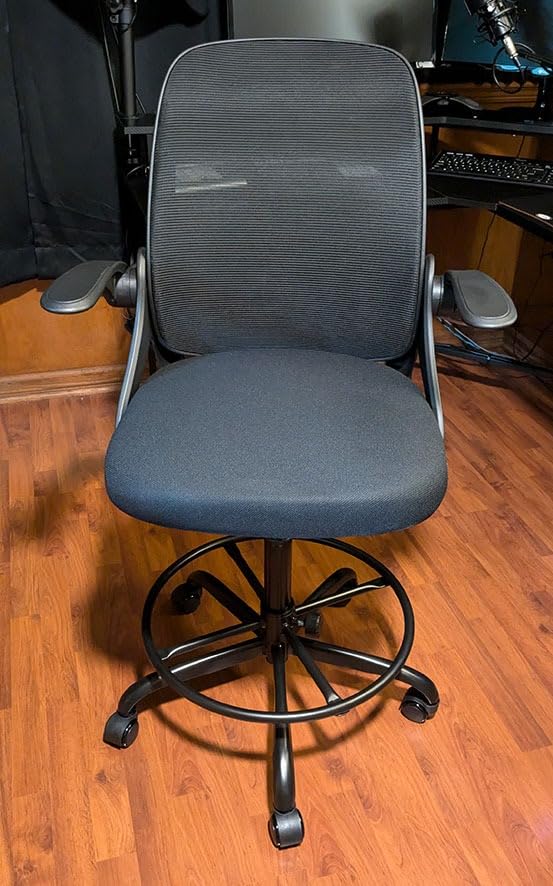ORRSAKER Drafting Chair, Tall Office Chair with Flip-up Arms, Mesh Ergonomic Computer Standing Desk Chair with Adjustable Height Foot Ring and Lumbar Support, 300 LBS Capacity, Black customer photo 2