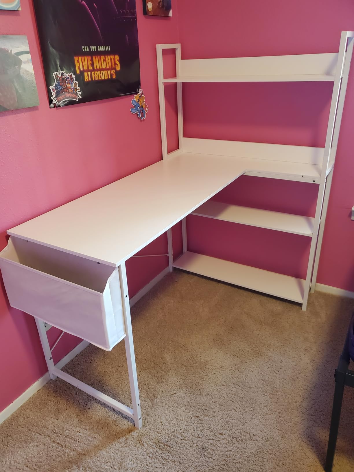 Treesland 47 Inch Computer Desk with Bookshelf, Corner Desk with Storage, L Shaped Desk, Home Office Desks, Writing Study Desk for Bedroom, White customer photo 2