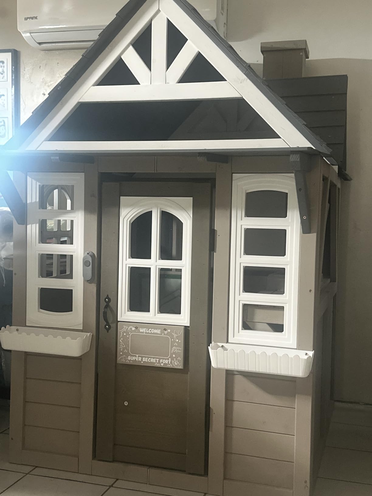 Kids Outdoor Playhouse,Cedar Gray Wooden Play House for Kids Ages 3-8, with Play Kitchen, Interactive Doorbell, Toy Phone, Sink, Flowerpot customer photo 1