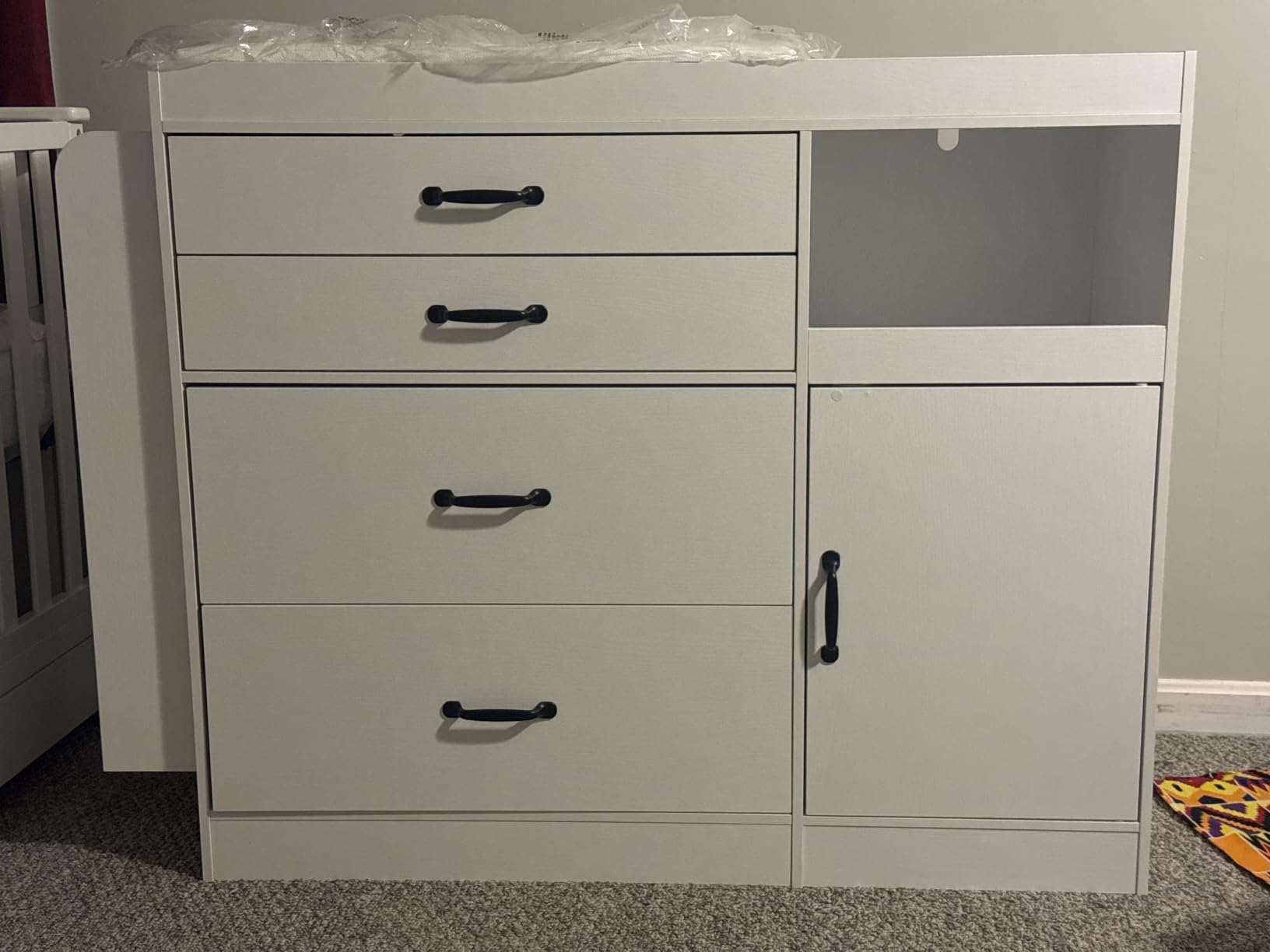 Bigbiglife Changing Table Dresser, Baby Nursery Dresser with 4 Drawers & 1 Cabinet & 3 Open Shelves Storage, Modern Diaper Changing Station for Children's Room, Changing Pad Included, White customer photo 1